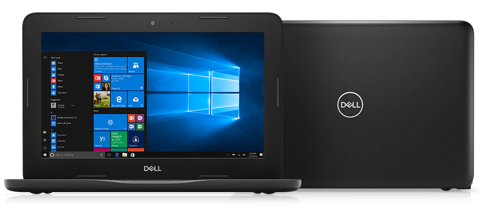 Dell Latitude 3190 laptop showing 180-degree hinge design with students collaborating around it